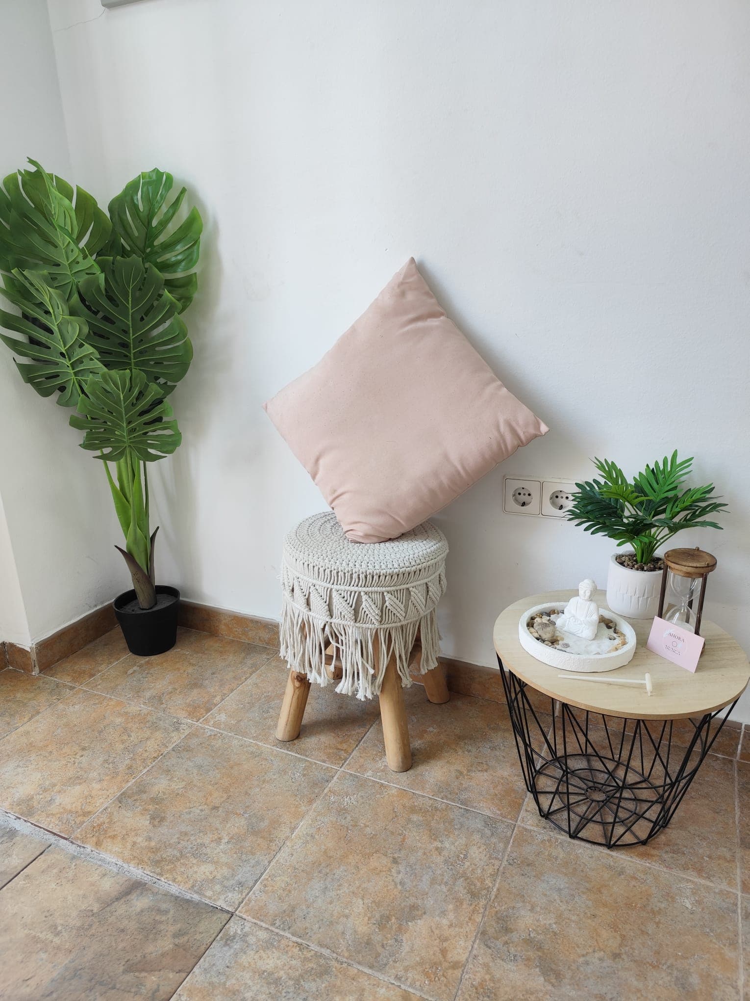 Rincón decorativo del centro con planta, cojín y detalles de bienestar