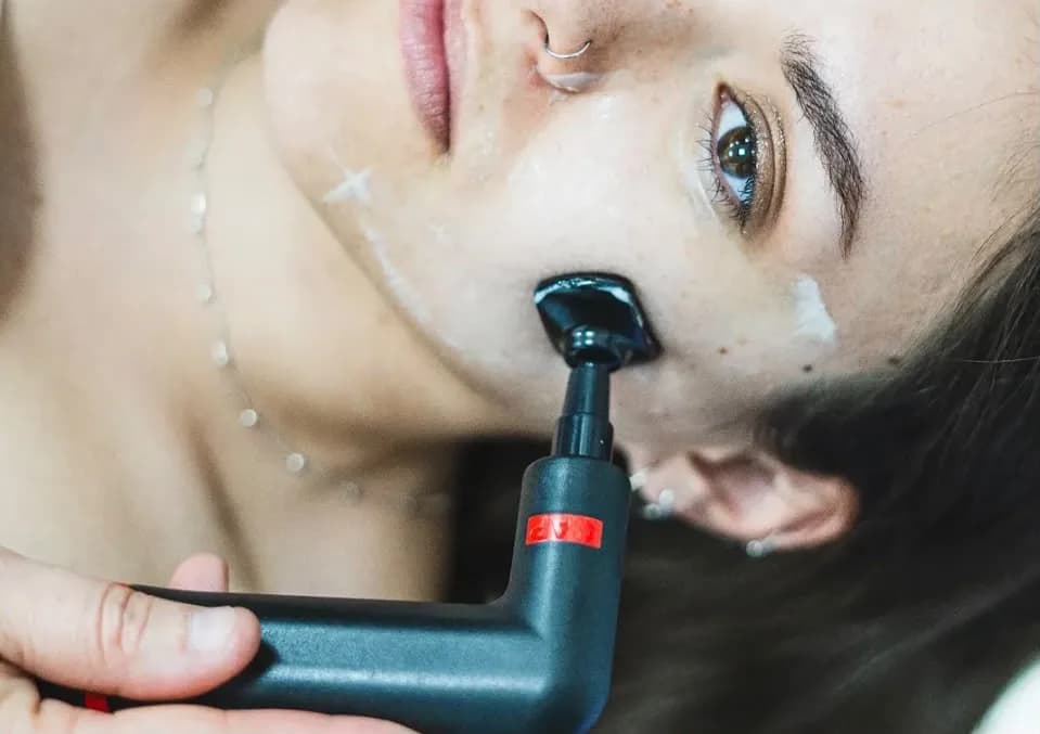 Aplicación de producto facial con pincel durante un tratamiento de diatermia
